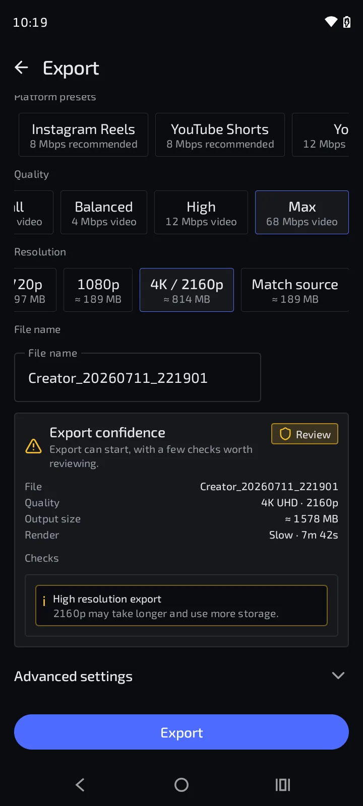 Creator's export screen with platform presets and 4K 2160p selected