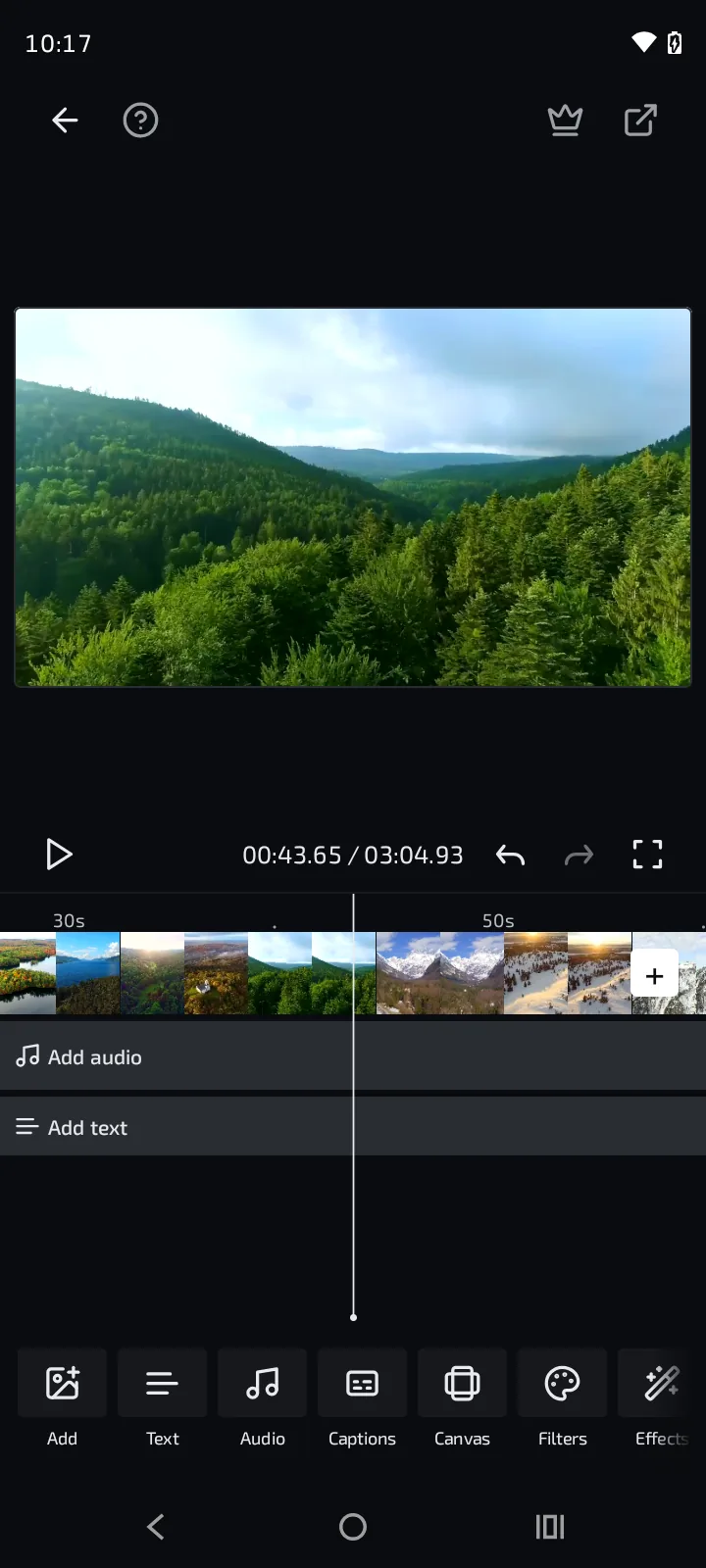 Creator's multi-track timeline with filmstrip clips, audio and text tracks